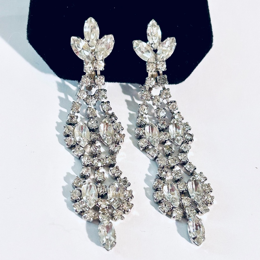 Statement Rhinestone Drop Clip-On Earrings - Clear Rhinestone Chandelier